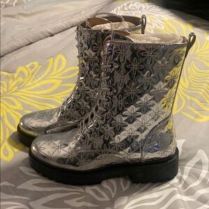 Silver Floral Lace-Up Boots